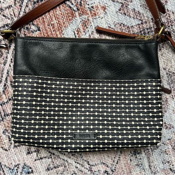 Fossil Fiona Crossbody Bag Coated Canvas Key Print Stripe Black White Brown - Picture 7 of 11